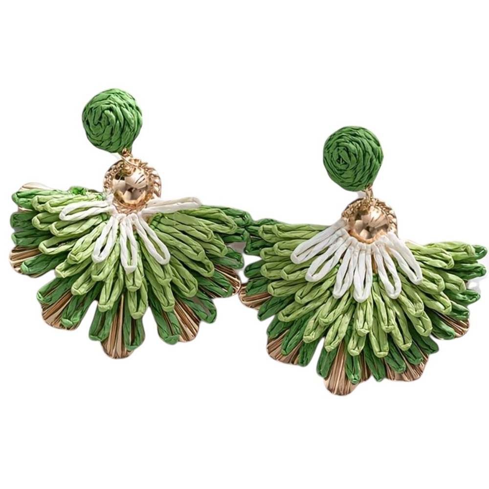 804. The Raffia Statement Fan, Green and Gold Earrings